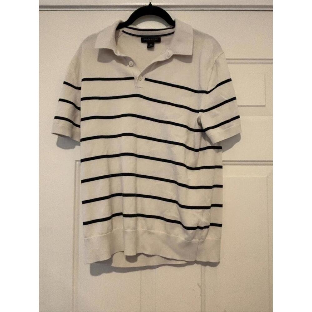 Banana Republic sz M ivory‎ with blue stripe sweater polo shirt #956